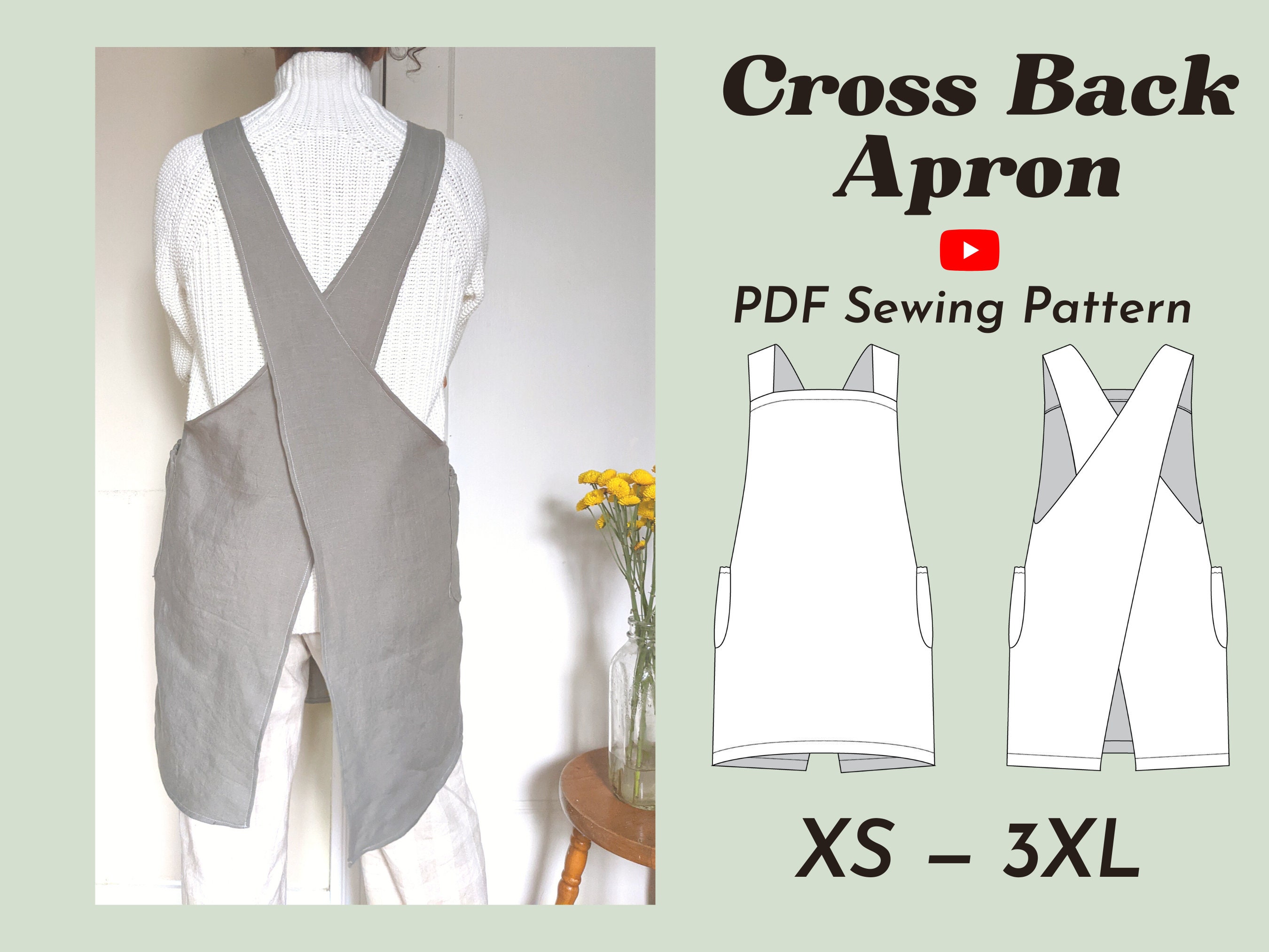 Cross back Japanese Style Apron sewing pattern with pockets