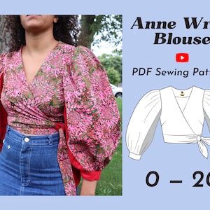Wrap Blouse PDF Sewing Pattern with puff sleeves | Size 0-20, Cottage Core Blouse, Puffy Sleeves