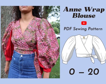 Wrap Blouse PDF Sewing Pattern with puff sleeves | Size 0-20, Cottage Core Blouse, Puffy Sleeves