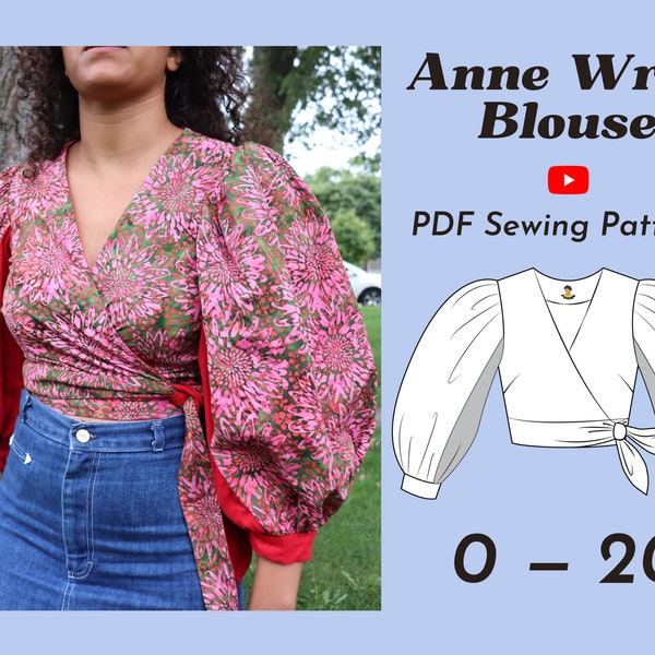 Wrap Blouse PDF Sewing Pattern with puff sleeves | Size 0-20, Cottage Core Blouse, Puffy Sleeves