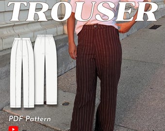 May include: Brown trousers with thin vertical white pinstripes, featuring a high-waisted fit, a button closure at the waistband, and wide legs. The image includes a white line drawing of the trousers and the text DINER TROUSER PDF Pattern 00-24.