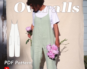 May include: A light green jumpsuit with thin shoulder straps and a front zipper, worn over a white t-shirt. The image includes the text Meadow Overalls, PDF Pattern, and XXS-5XL, alongside a technical line drawing of the garment.