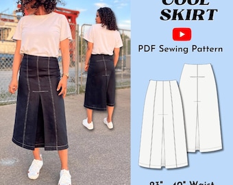Midi denim style skirt, fitted waist and hip with gentle flare at hem and box pleated slits with contrast stitch | Cool Skirt PDF Pattern