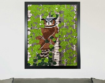 Great Horned Owl Art Quilt: Framed Textile Art, Birch Trees