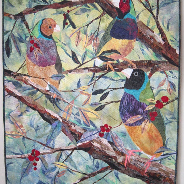 Gouldians -  Art Quilt - Quilt - Bird - Birds - Branches - Tree - Leaves - Textile - Art - Wall Hanging