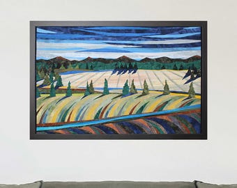 Framed Landscape Art Quilt – Handmade Wall Hanging with Trees, Stream, and Blue Sky – 24x36 Textile Art – One of a Kind Gift
