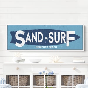 Custom Beach House Sign | Sand and Surf with Surfboard Background | Beach Wall Decor with Beach Location