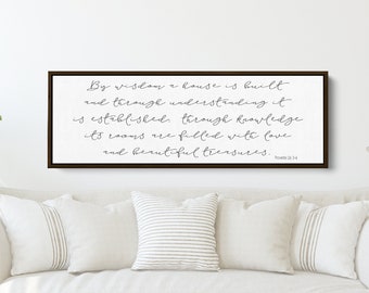 Proverbs 24: 3-4 Scripture | By Wisdom A House is Built | Bible Verse Wall Art On Large Canvas | Christian