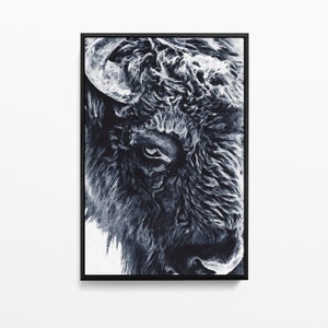 Black and White Buffalo Painting | Bison Art | Wildlife painting | Buffalo Closeup | Canvas Watercolor Print | Living Room Wall Decor