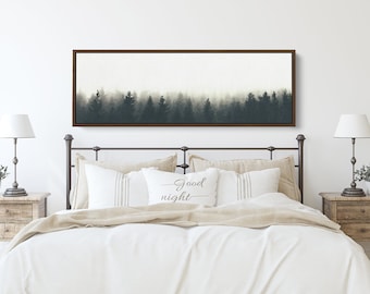 Foggy Mountain Forest Watercolor Print on Canvas | Large Panoramic Canvas Wall Art With Or Without Floater Frame