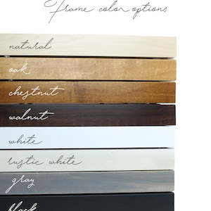 Pu&ograve; includere: Otto diverse opzioni di colore per una cornice. I colori sono naturale, rovere, castagno, noce, bianco, bianco rustico, grigio e nero.