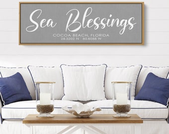 Large Beach Home Decor | Sea Blessings Sign | Beach House Wall Art | Beach House Living Room Art | Latitude and Longitude | Customized