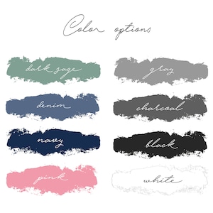 Pu&ograve; includere: Opzioni di colore per un progetto di design, mostrate come campioni di vernice. I colori sono verde scuro, grigio, denim, carbone, blu navy, nero, rosa e bianco.