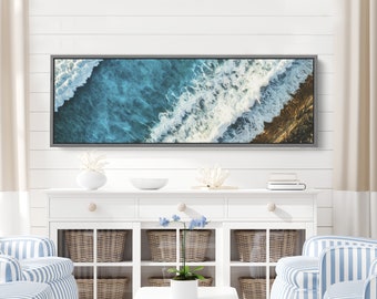 Crashing Waves Wall Art | Extra Large Canvas Watercolor Print | Panoramic Overhead Blue Wave Decor for Beach House