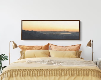 Panoramic Mountain Sunset Art Watercolor Print. Orange Yellow Mountain Landscape Painting | Extra Large Panorama Wall Art for Living Room