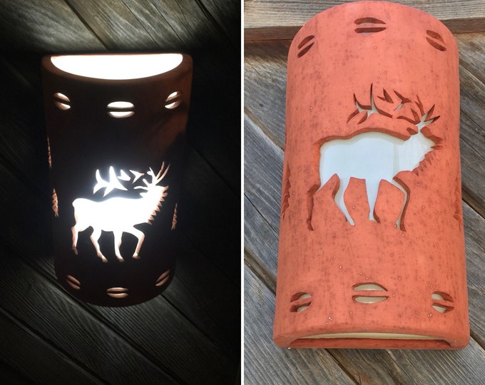 Rustic Elk Outdoor or Indoor Wall Sconce / Light.  Log Cabin or Lodge lighting and decor. Dark sky Lighting.  Custom made in the USA Lights