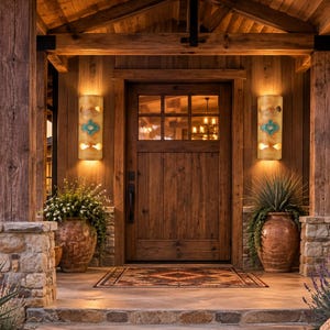 May include: A wooden front door with a glass pane window, flanked by two cylindrical wall sconces featuring a turquoise cross design. The entrance includes two large terracotta planters with greenery, set on a stone porch with a patterned rug.