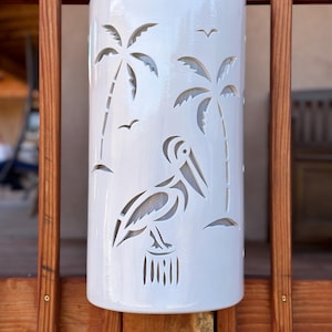 Pelican perched with Palm Trees ceramic interior or exterior nautical lighting - Beach house lighting - Dark Sky Lighting - Coastal Lighting
