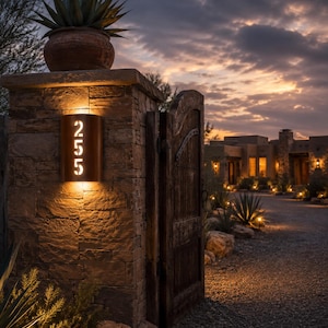 May include: A rectangular metal wall-mounted house number plaque featuring the cutout digits 255, illuminated from behind with a warm glow. The plaque is mounted on a textured stone pillar next to a dark wooden gate at dusk.