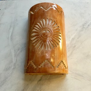 Sun Face and Steps / Handmade Ceramic Southwestern Wall Sconce / Custom Indoor / Outdoor Rustic Lighting Fixture