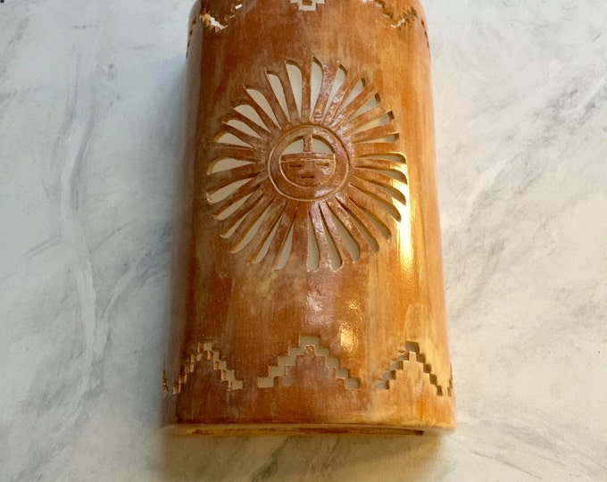 Southwestern Decor, Sun Face and steps Wall Light fixture, Outside Porch Sconces, Outdoor Patio Light Fixture, Exterior Rustic Lighting