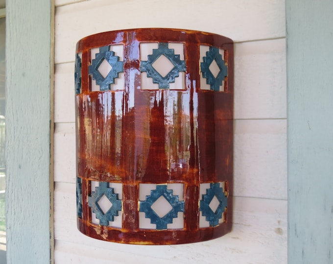 Exterior Ceramic Wall Sconce Light, Southwestern Decor, Cortez Cutout, Porch or Patio Lighting, Turquoise and Amber, Artistic Lighting