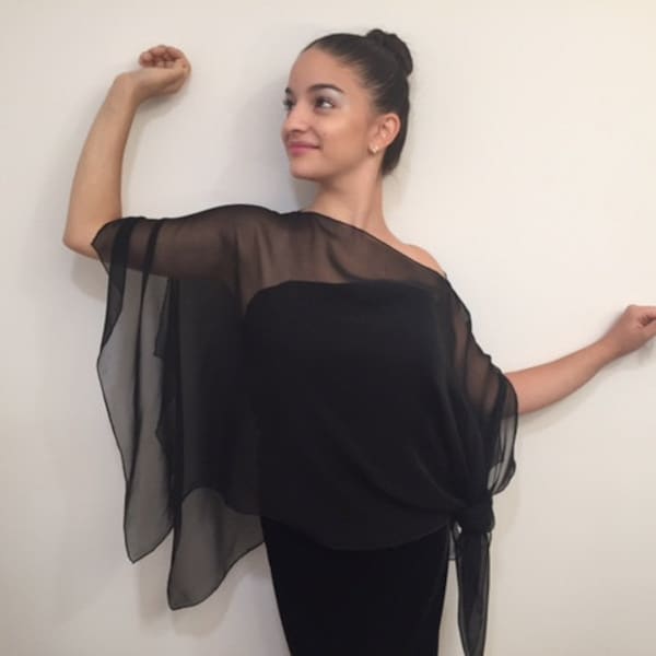 Convertible Silk Chiffon Poncho,  Black Silk Chiffon, Silk Top, Silk Shawl, Scarf, Tunic,One Size, Draped Top