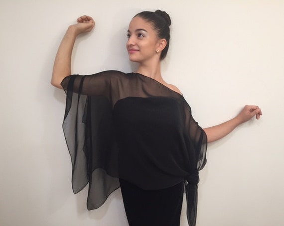 Geometric Silk Chiffon Poncho Black Geometric Silk Chiffon Poncho Black