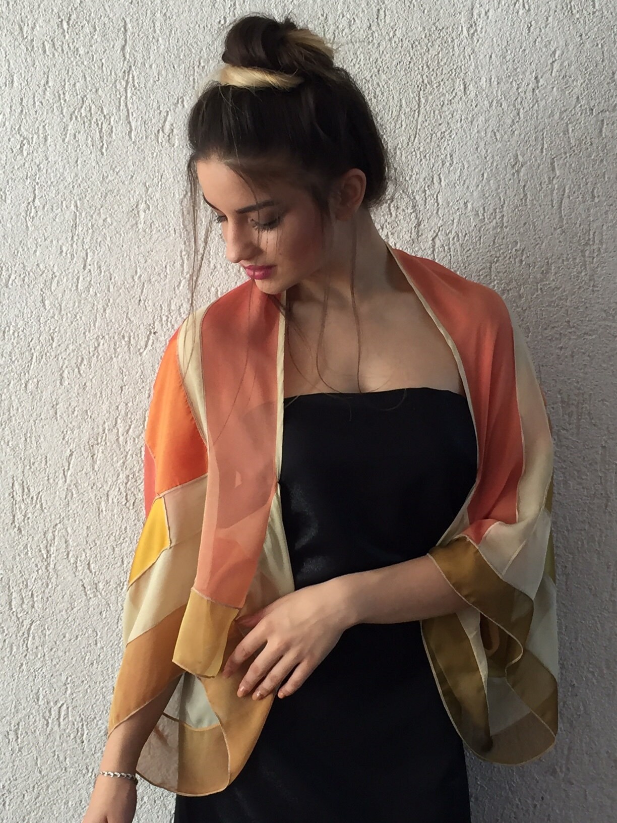 One of the kind shrug, silk shrug, yellow and orange tones shrog