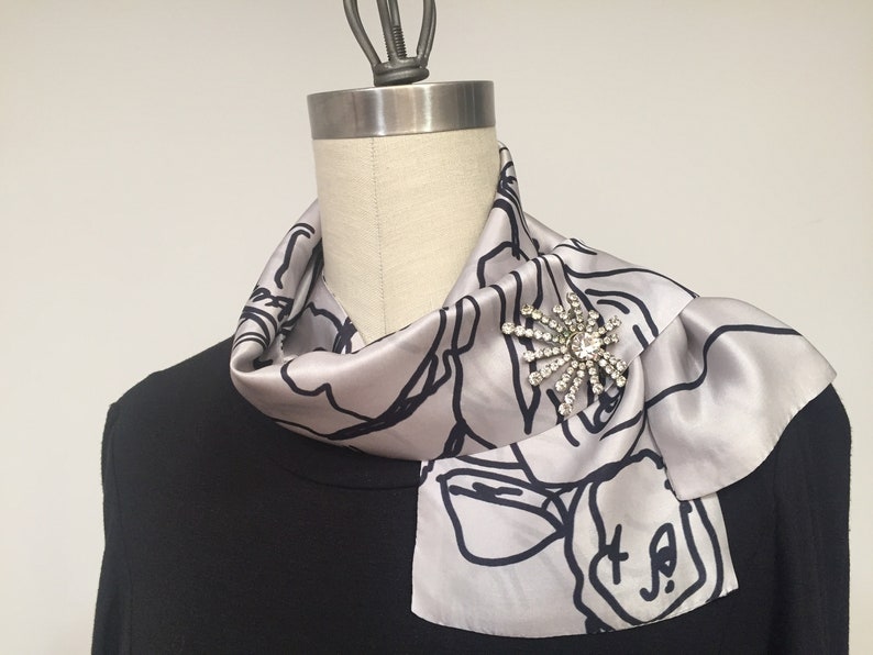 Silk Scarf Floral Pattern Scarf Gray and Black Scarf Mini Etsy