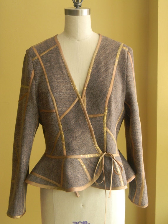SALE was 220.00 now 187.00 Olimpias One Of The Kind Jacket, Canyon Colors, Fleece Fabric With Silk Piping, Peplum Flared, Classic Jacket