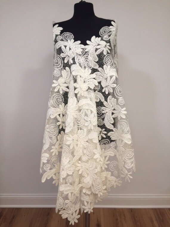 Stunning Wool Lace White Shawl, Tulle And Wool Shawl, Embroidered Shawl, Large Floral Pattern Wrap, Stole, Bride Shawl, Mother Of The Bride