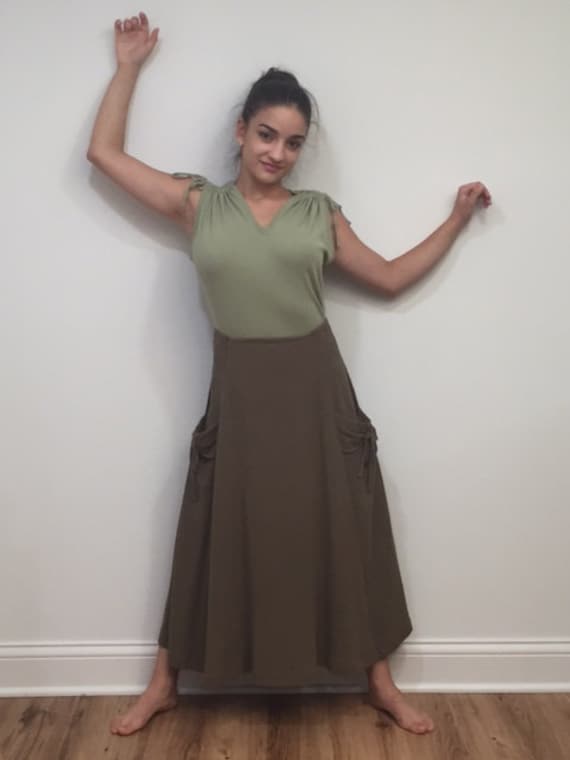 Olive Skirt   Cotton, Wrinkled, Deep Side Pockets,Gift for Her
