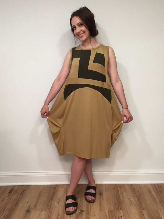 One of a kind knit fabric dress, sesame and forest green dress, patchwork  oversized dress, sleeveless dress, casual relaxed fit dress