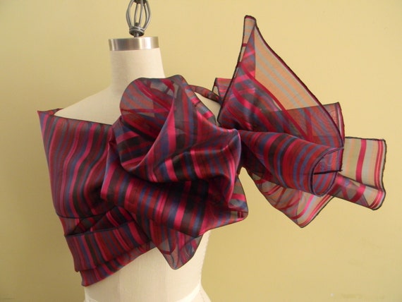 Luxurious Organza Silk Shawl, Radiant Orchade Color of the Year , Burgundy, Navy and Black Stripes,Wrap, Stole, Fashion Shawl