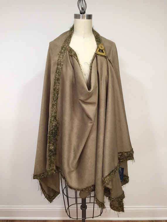 Asymmetric Olive Suede Poncho, Light Weight Wrap, Pluse Size, One Size, Eyelashes Trim, Cape, Shawl