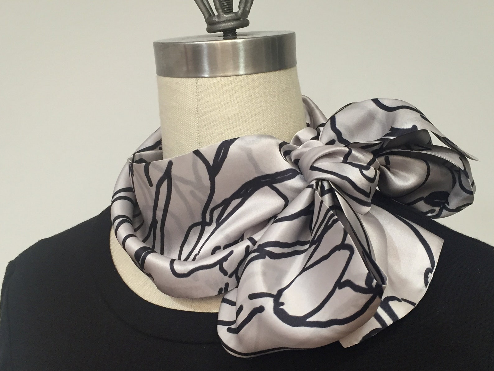 Silk Scarf Floral Pattern Scarf Gray and Black Scarf Mini Etsy