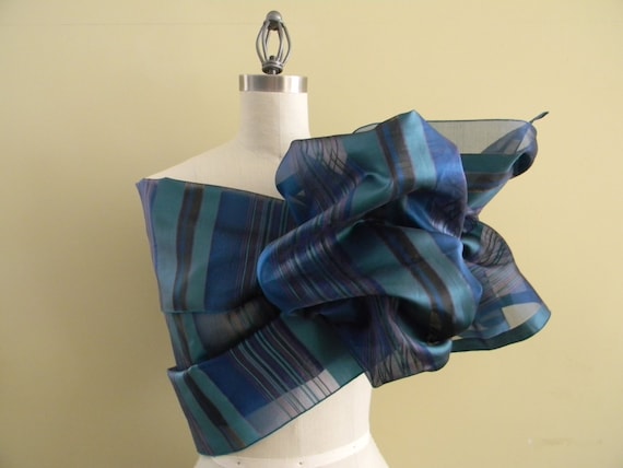 Luxurious Organza Silk Shawl, Turquoise, Blue, Aqua green, Amethyst, Black Stripes, Wrap, Stole, Fashion Shawl