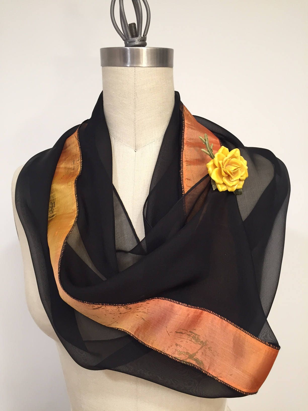 Black And Orange Infinity Scarf, Silk Chiffon Scarf,Circle Scarf, Loop