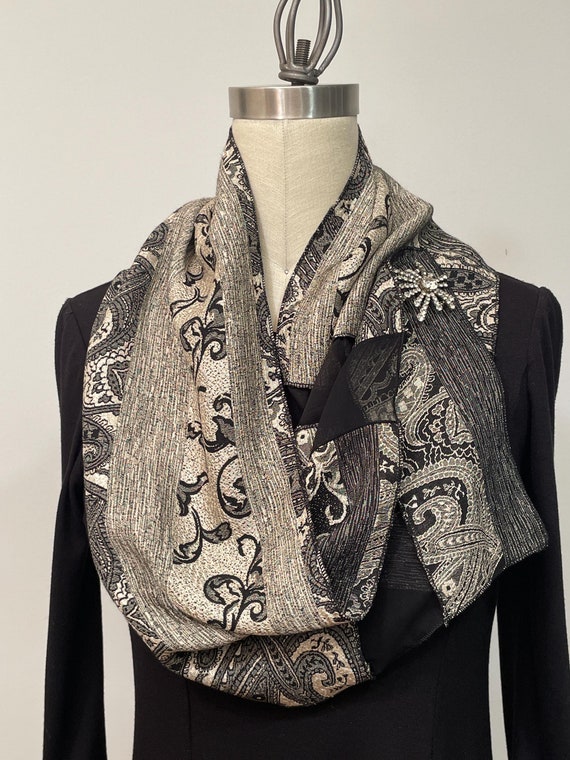 Crepe silk scarf, pasley reversible scarf, black, grey and pearl silk scarf