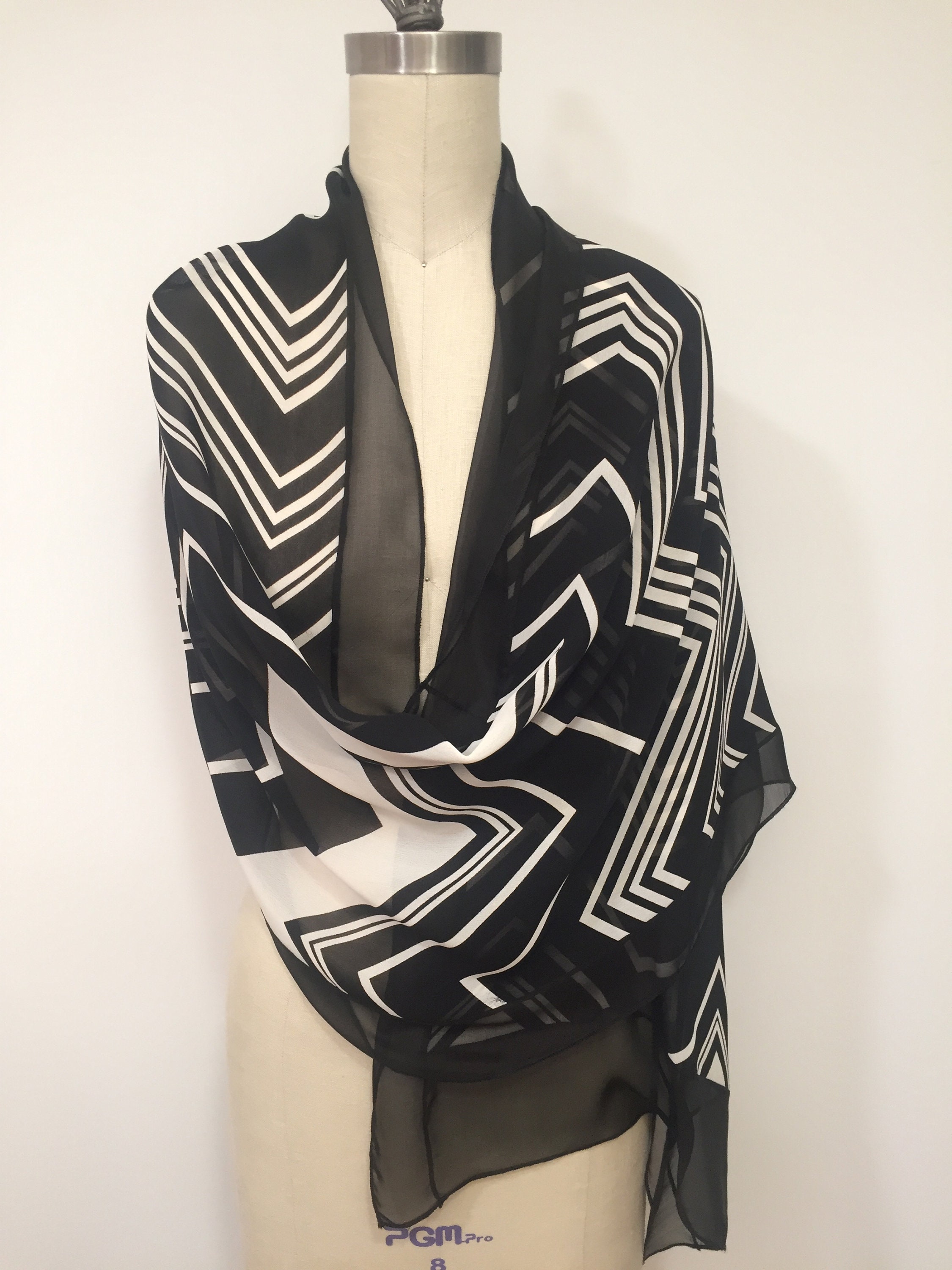 Black and white silk shawl zigzag pattern wrap stole | Etsy