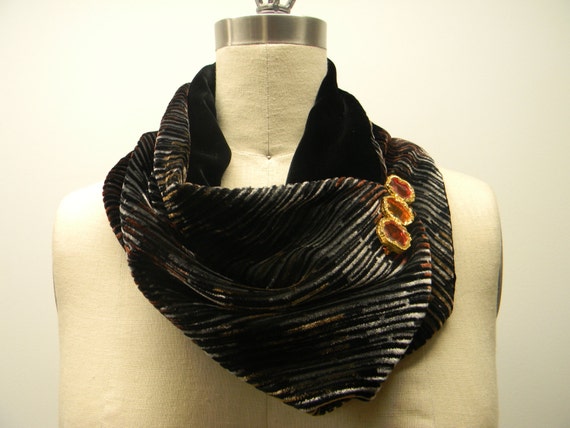 Reversible Silk Velvet Earth Tones Infinity Scarf,Neck Wormer, Circle Scarf, Loop Scarf Cowl,Stripes, Black Velvet