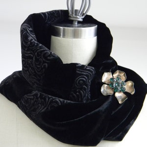 Black and Charcoal Silk Velvet Infinity Scarf, Paisley Pattern Scarf,Neck Wormer, Loop Scarf, Cowl, Gift For Her