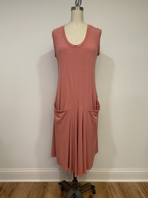 Asymmetric summer dress, knit fabric dress, pink dress, large pockets, relaxed fit, sleeveless dress, plus size