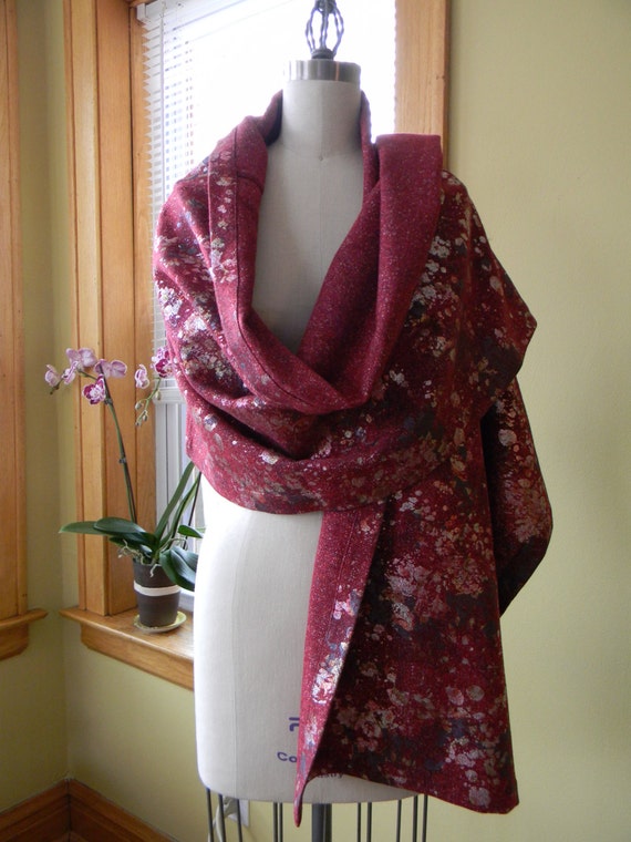 Ruby Color Wool Basketweave With Metallic Splatter Print Shawl, Wrap,Stole, Fashion Shawl