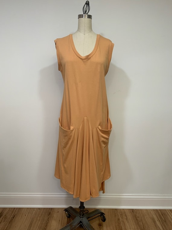 Asymmetric summer dress, knit fabric dress, cotton knit fabric, large pockets, relaxed fit, sleeveless dress, plus size