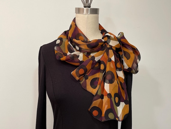Silk chiffon scarf, geometric pattern scarf, fall colors scarf