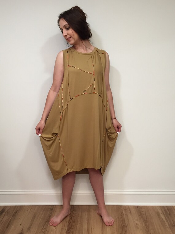 One of a kind knit fabric dress, sesame color dress, patchwork, oversized dress, sleeveless dress,, casual dress, relaxed fit,silk piping