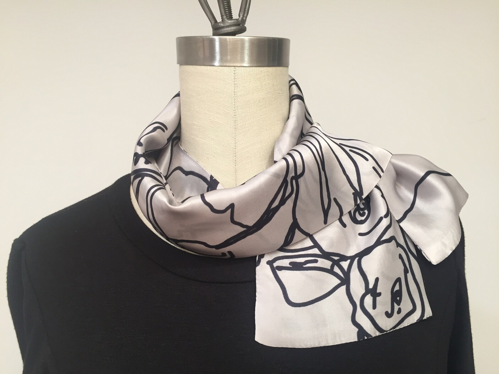 Silk Scarf Floral Pattern Scarf Gray and Black Scarf Mini Etsy