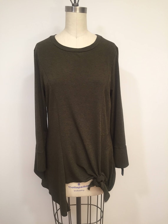SALE was 99.00 now 85.00 Asymmetric Tunic, Knit Fabric Tunic, Olive Tunic, Long Sleeves Top. Olive Top,Fashion Tunic